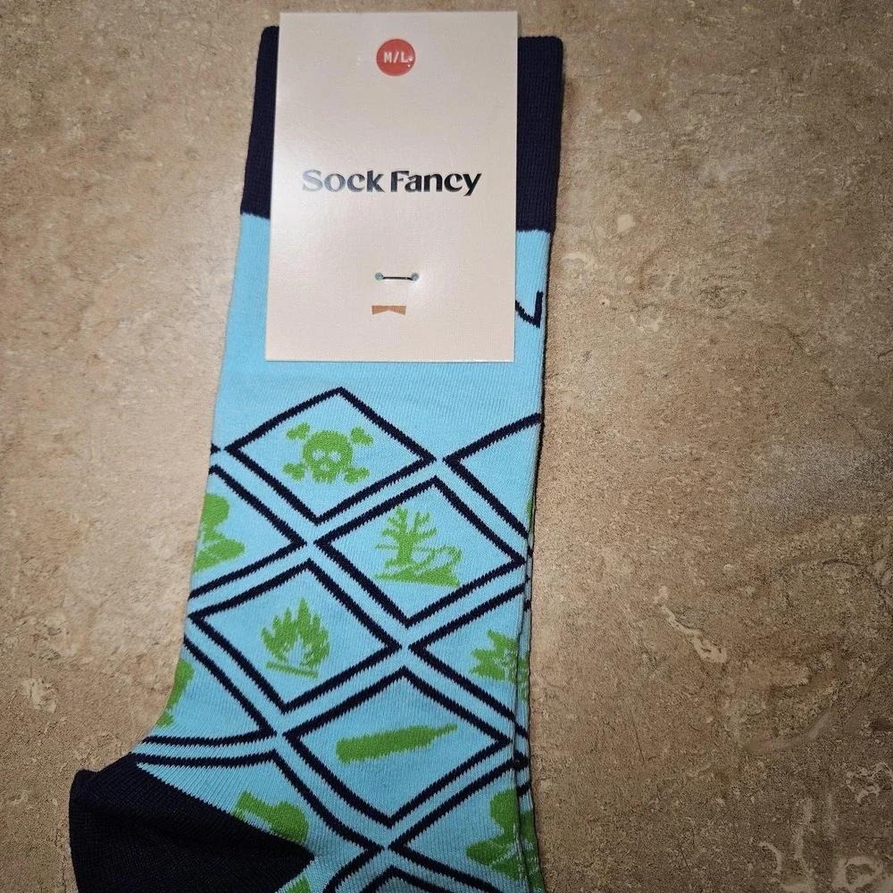 Sock Fancy Crew Socks Men M/L Blue Green Geo Diamond Skull Pattern Novelty Funny